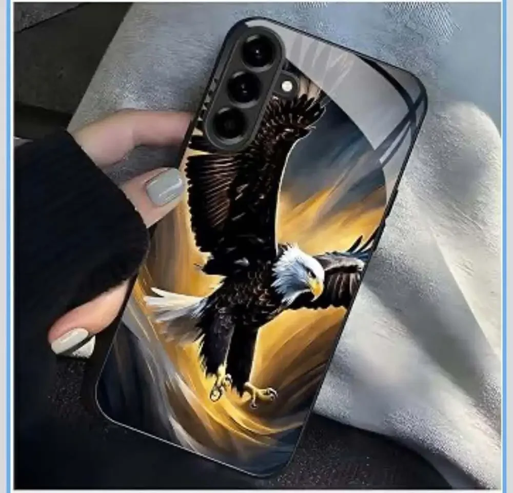 Eagle Tempered Glass Phone Case with Golden Lightning Wings Design